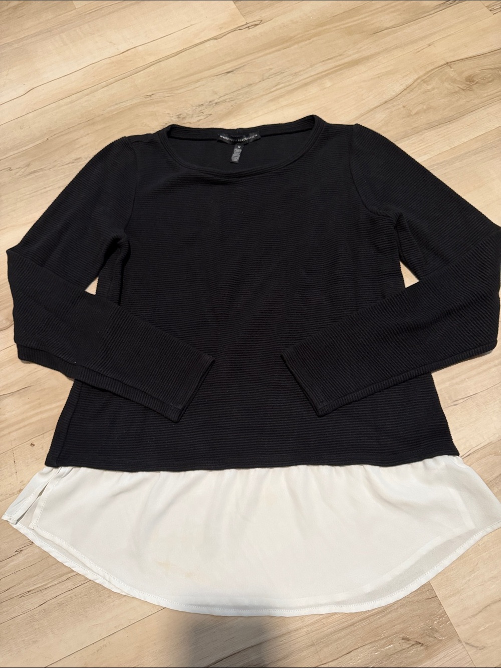 White House Black Market Black Long Sleeve Top with White Layered Hem